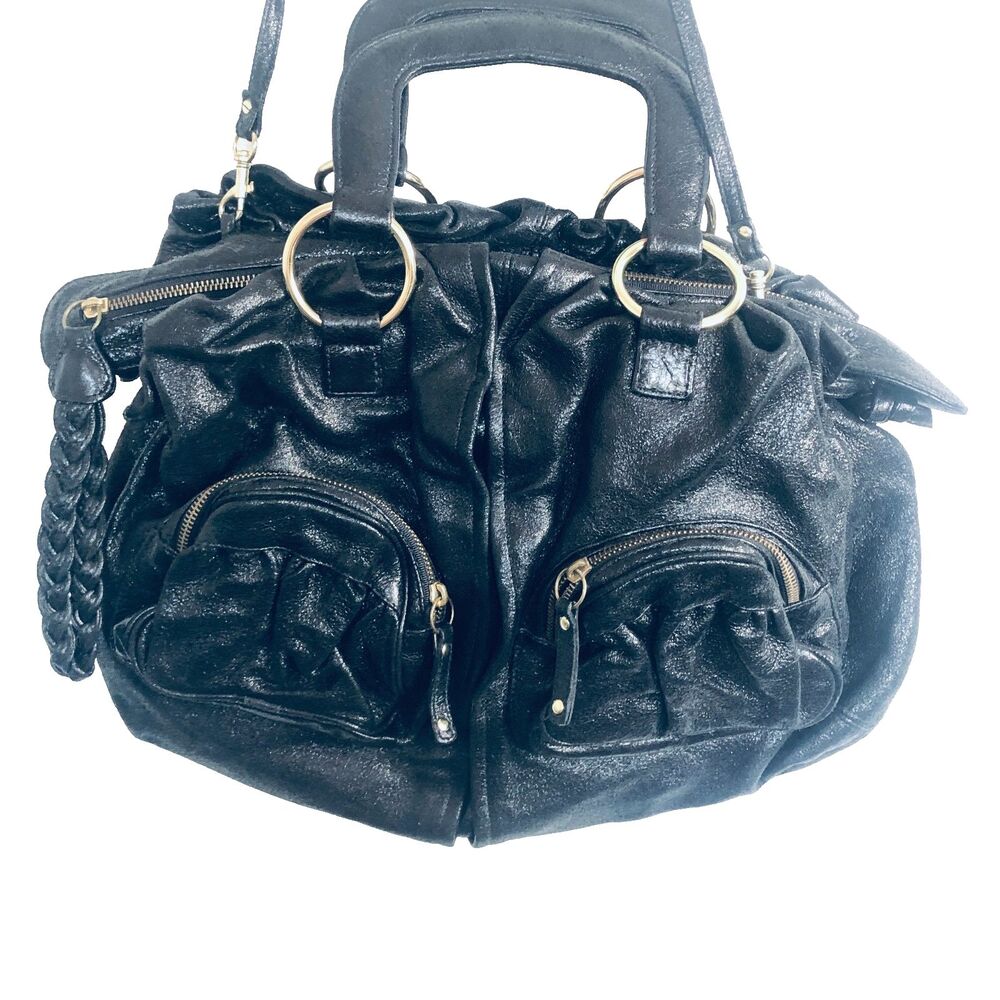 Vintage BULGA Black Oversized Leather Satchel Shoulder Bag /Top Handel bag